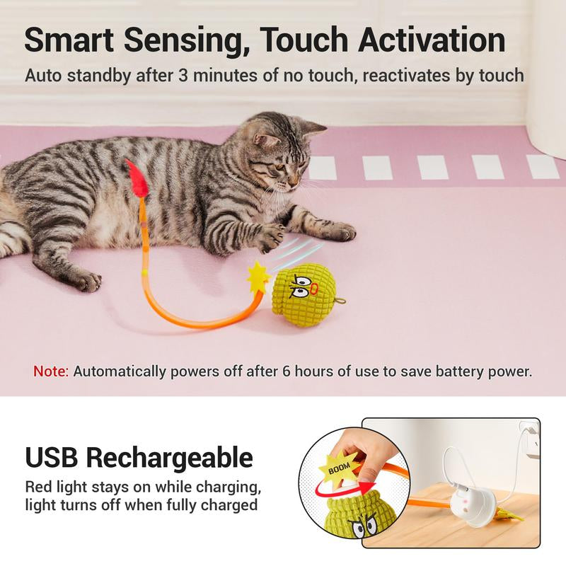 Potaroma Interactive Cat Toy with Motion Sensor, Chirping Sound & Catnip – Funny Grenade Design with Mesh Tail, Rechargeable Smart Rolling Ball for Bored Indoor Kittens & Adult Cats 3 Inches